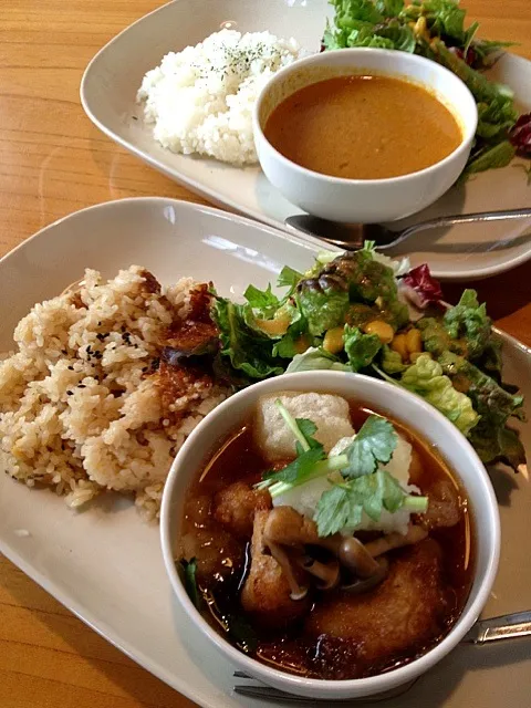 Snapdishの料理写真:揚げ餅と鶏の唐揚げのみぞれ煮  玉ねぎと鶏挽肉のカレー|なべすけさん