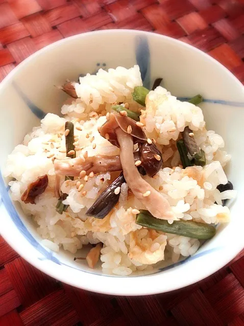 Snapdishの料理写真:Steamed rice with edible wild greens🌱山菜ご飯|🌈Ami🍻さん