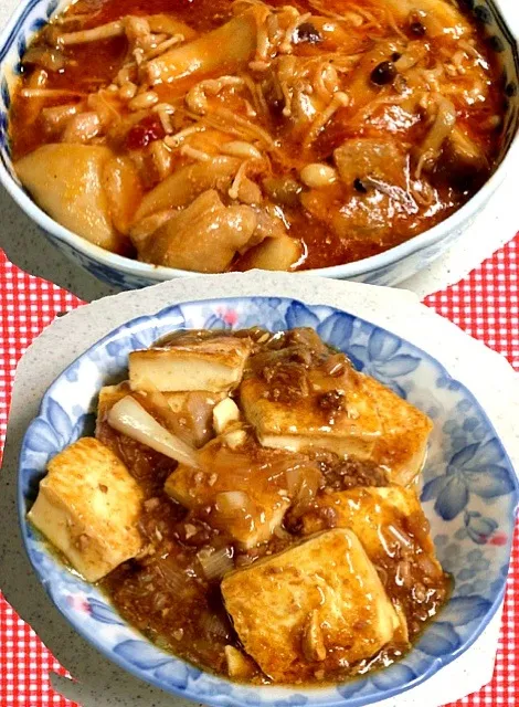 鳥肉と3種のきのこ炒め＆豆腐のすき焼き風あんかけ炒め|りのさん