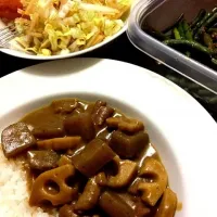 Snapdishの料理写真:カレーもつ煮込み、いんげんとニンニクの芽のおかか和え、白菜とリンゴのサラダ|あんじぇらさん