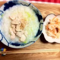 Snapdishの料理写真:蒸し鶏の中華粥 干柿入りなます|swinggyさん