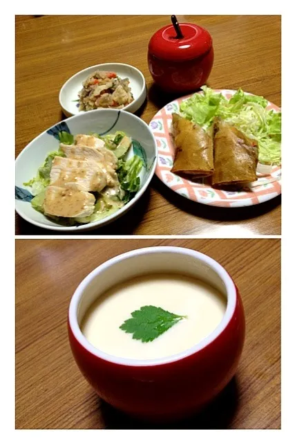 Snapdishの料理写真:1月22日晩ご飯♪  蒸し鶏と温キャベツ（ゴマだれ）きんぴら春巻き 豆乳茶碗蒸し  おから|カナエさん