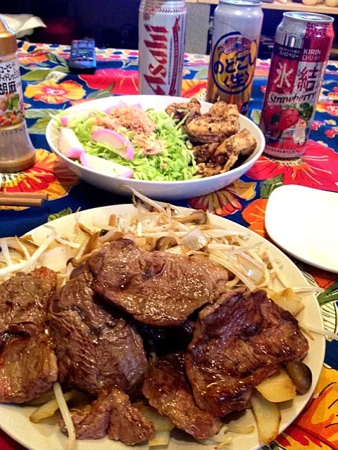 上ハラミと野菜炒め。鶏胸肉竜田揚げ。かまぼことツナのサラダ。|naoさん