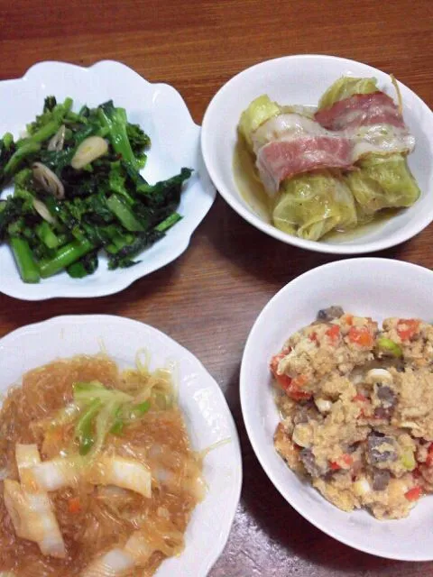 ロールキャベツ、麻婆春雨、卯の花、あすぱら菜の炒め物|京子さん