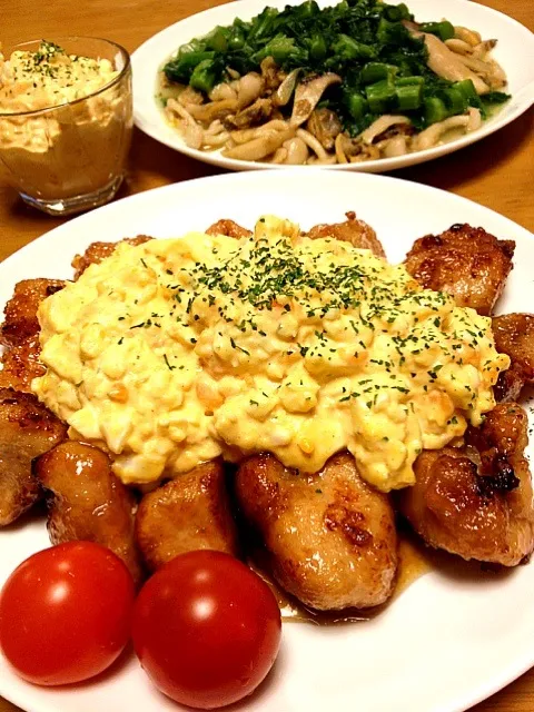 鶏唐揚げの甘酢和え＆タルタルソース ・ あさりとキノコの菜の花餡掛け|ちえさん