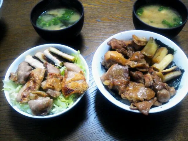 とりの照り焼き丼＆とりの塩焼き丼＆豆腐とワカメの味噌汁|えっちゃんさん