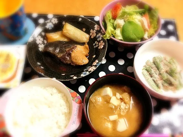 煮魚.ささみ入りサラダ.いんげんのマヨおかか.味噌汁.納豆|みなみさん