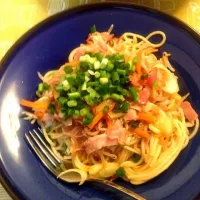 Snapdishの料理写真:🍎ベーコン＆モヤシ野菜醤油ガーリック風味パスタ🍝🍎