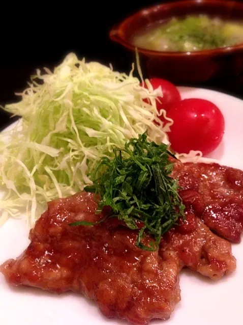 豚ヒレ梅肉焼き、野菜すーぷ|ちっきーさん