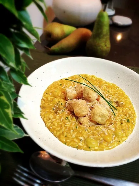 Pumpkin risotto with chestnut,gingko nut,chives and tofu fritto,inspired by Bronzebee San|rick chanさん