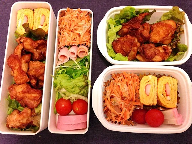 お弁当♡鶏唐揚げ、カニカマ卵、人参サラダ、蒲鉾、サラダ|ウサコさん