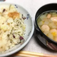 Snapdishの料理写真:さつまいも炊き込み&スープ|アユミさん