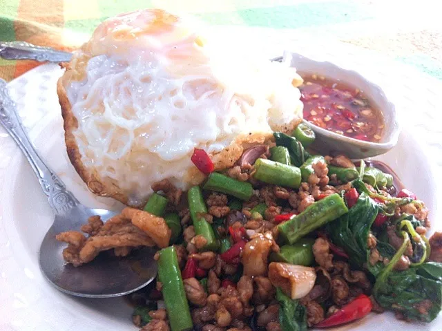 Pak kapao mou- sai kai daew - Sai kao suaei (spicy minced pork with fried egg and plain rice)|Jorge Bernal Márquezさん