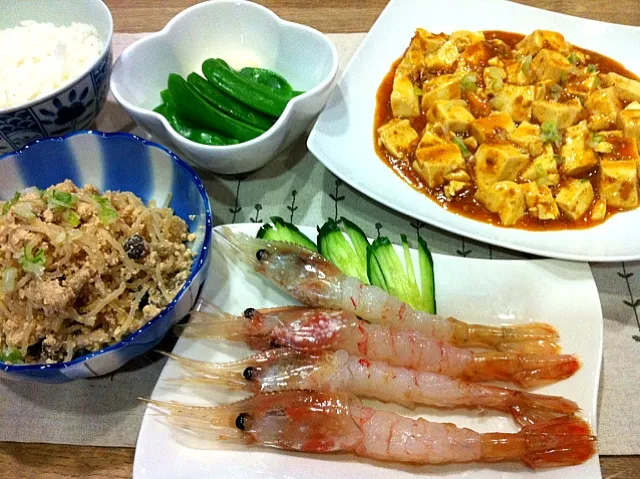 ぼたん海老刺身・麻婆豆腐・真だら子あえ煮・スナップえんどう|まーままさん