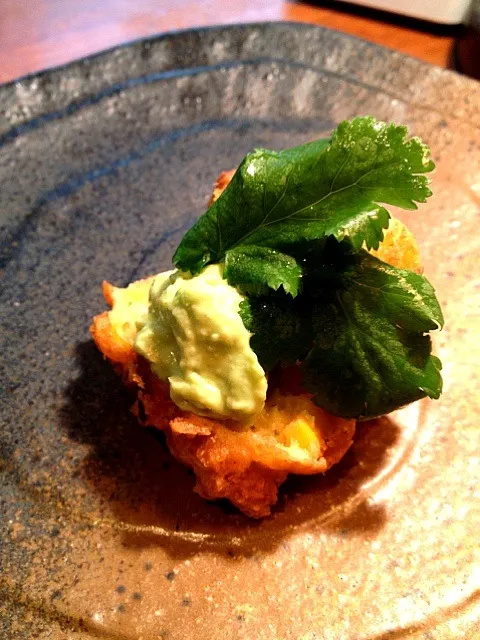 Snapdishの料理写真:Corn fritter with guacamole|lauren shannonさん