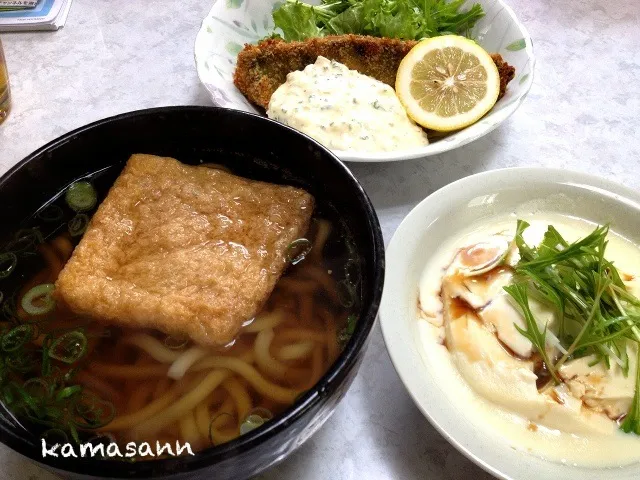 けつねうろ〜ん🐱🍜豆乳おぼろ豆腐、鯵のフライ(残り物w)|かまさん