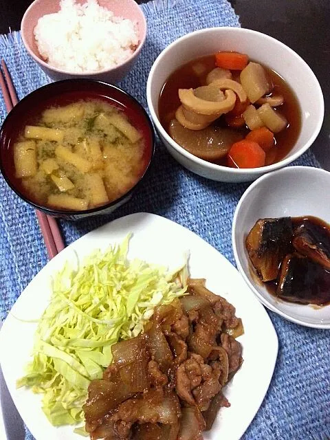 豚のゴマ味噌焼き 鯵の照り煮 大根とイカの煮物 大根葉と揚げの味噌汁|野崎恵理さん