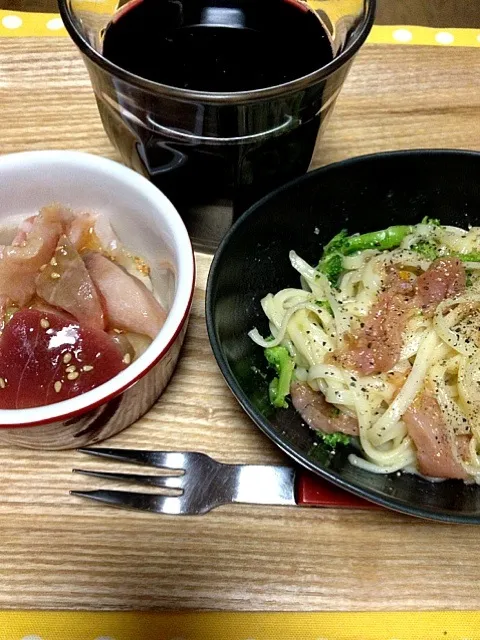 お刺身サラダ&カルボナーラうどん☆|くうさん