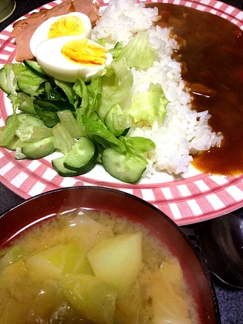 #夕飯 全部のせカレー(サラダ、白米、焼豚、カレー) やったーーーうで卵がのってるーーー！|ms903さん