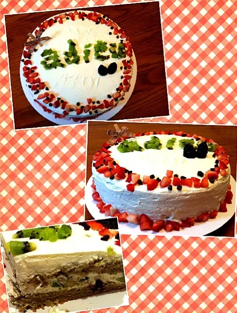 Greentea cake with fresh fruits.|Esther :dさん