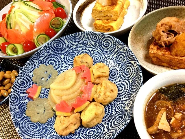 大根と生麩の煮物＊厚揚げ＊なめこのお味噌汁＊だし巻き卵＊サラダ|あっぷるとまとさん