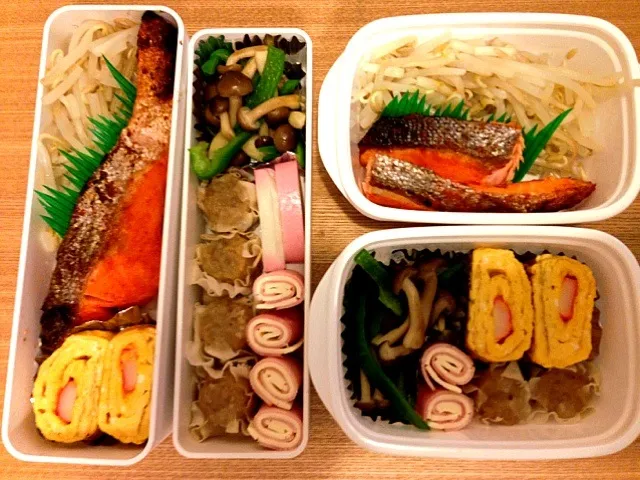 お弁当♡明太鮭、もやし、カニカマ卵、しめじとピーマンのソテー、シュウマイ、ハム＆チーズ、蒲鉾|ウサコさん