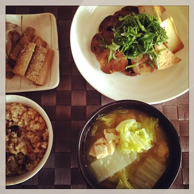 ある日のお昼ごはん。(茄子と厚揚げの煮物、白菜と油揚げのお味噌汁、常備菜、玄米)|c_seiさん