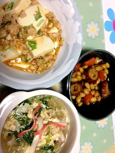 Snapdishの料理写真:麻婆豆腐 春雨スープ 大豆煮|まいさん