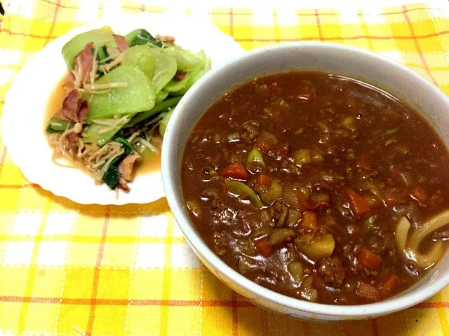 カレーうどん チンゲン菜炒め|まっすぅさん