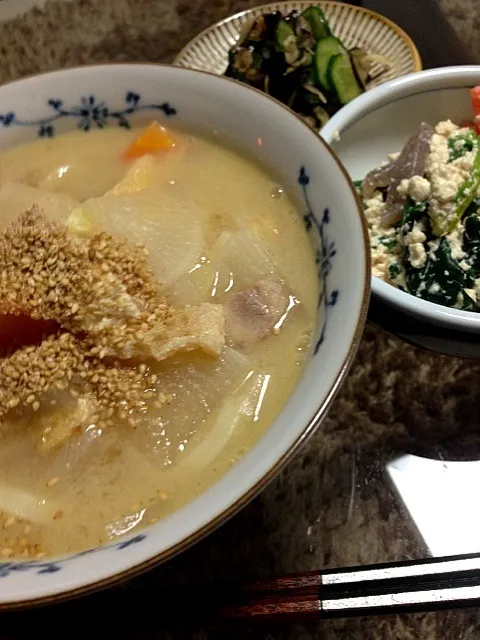 味噌煮込みうどん、ほうれん草とにんじんの白和え、なすときゅうりの浅漬け|やっちゃんさん