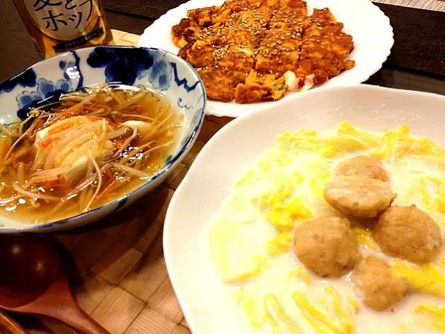 白菜と鶏肉団子のミルクスープ、豆腐の野菜あんかけ、タコとキムチーズのチヂミ|masakoさん