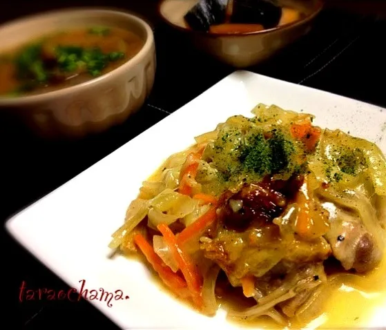 チキンのチーズ焼き、かぼちゃの煮物、豚汁|マキさん