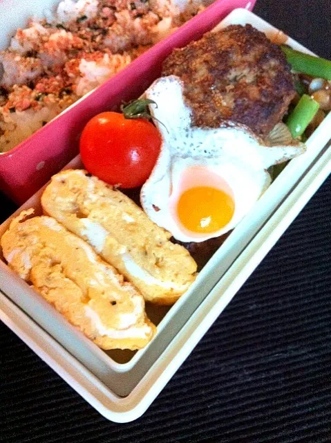 1月29日のお弁当。うずらの卵のっけハンバーグ・インゲンとチクワの炒めたの・卵焼き・プチトマト・ふりかけご飯。|keroさん