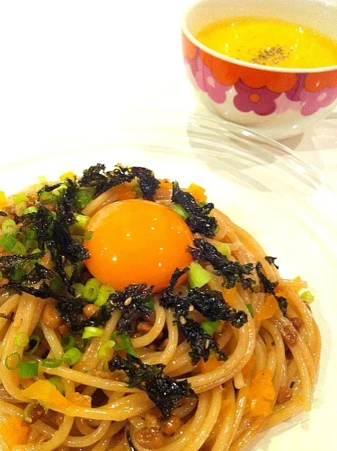 納豆パスタ&かぼちゃスープ|あみん´ω`)ﾉさん