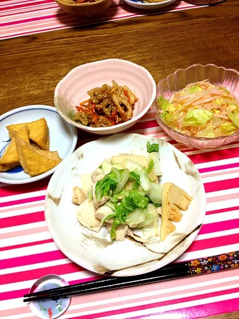 鶏胸肉とたけのこと白菜炒め＆厚揚げ煮＆きんぴら＆春雨サラダ|ゆかりさん