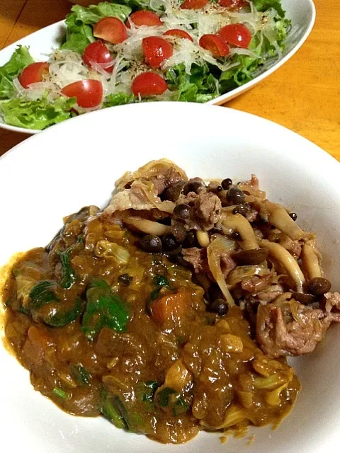 カレーと豚肉の甘辛煮の相掛け丼|カウンター嬢さん