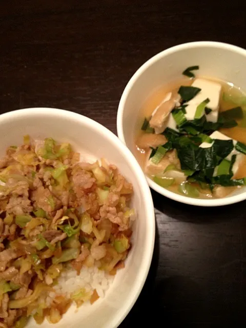 豚丼、小松菜と揚げと豆腐の煮浸し|はるあやママさん