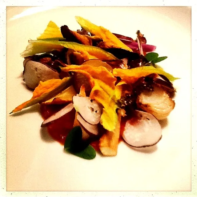 TOMATO THYME PUREE. PARSNIP. KALE. RADISH. CIPPOLINI. SQUASH BLOSSOM. CLOVER|GREG ARNOLDさん