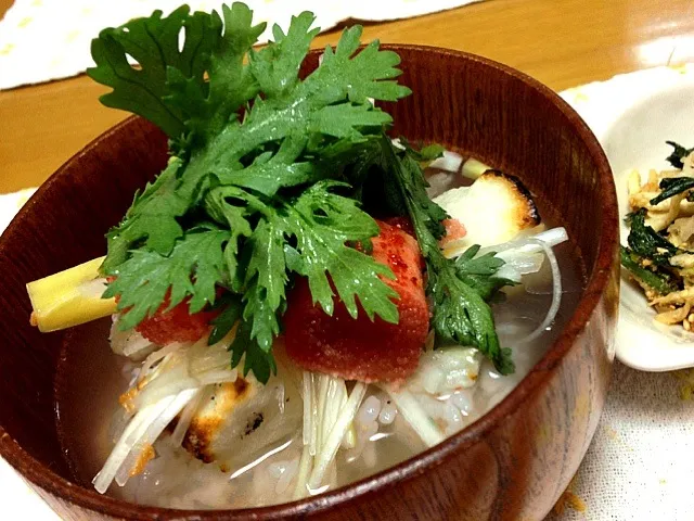 明太子と春菊と焼き餅の鶏ガラスープ茶漬け|さちこ(さがねっち)さん