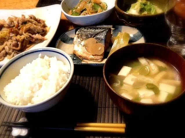 鯖の味噌煮、豚肉ともやしのニンニク醤油炒め、白菜のお漬物、キュウリとクラゲの和え物|りえさん