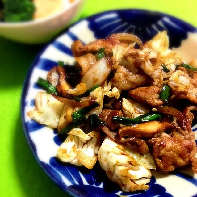 麺の入ってない焼きそば〜♪ 野菜と豚肉のソース炒め♪ やっと沖縄自分土産のお皿が使えた(｡>∀<｡)|naoさん