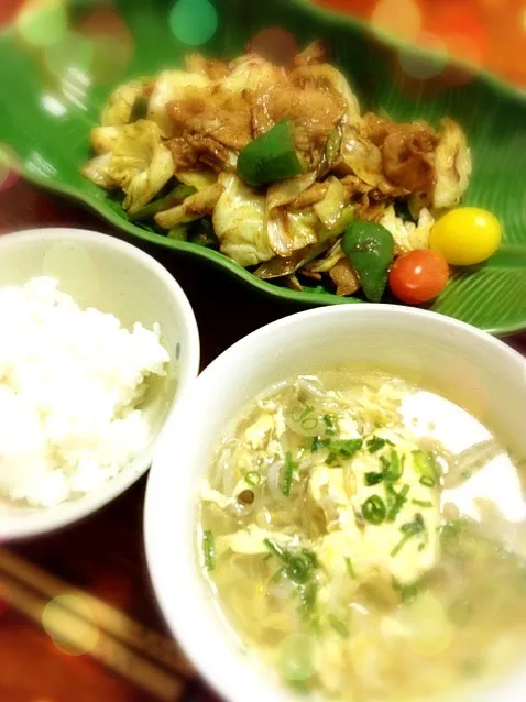 回鍋肉、もやしと玉子の中華スープ|えいみさん