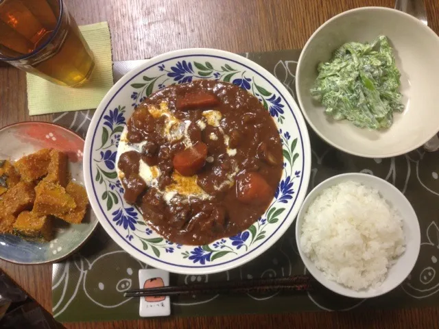 鹿肉のシチュー、菜の花の辛子マヨネーズ和え、南瓜胡麻煮ころがし|yuyangさん