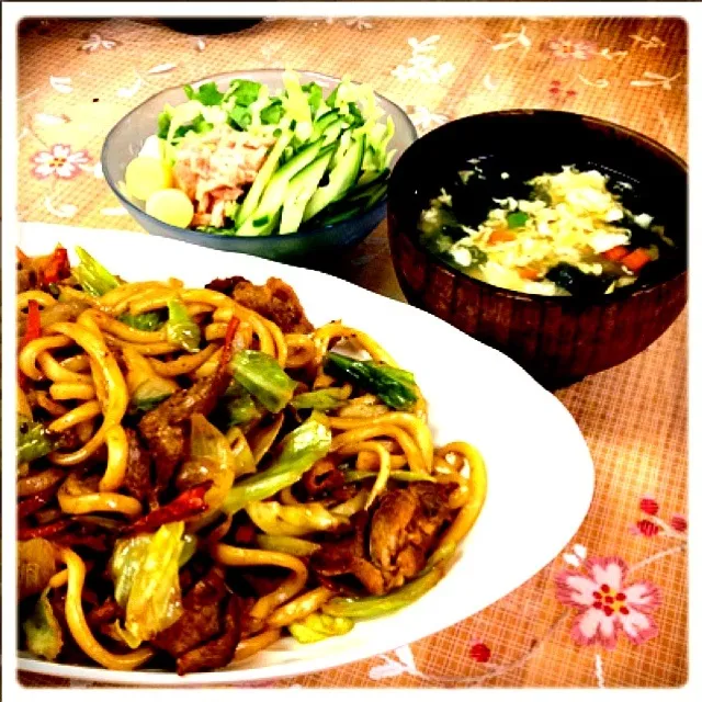 1/31 焼きうどん、春雨スープ、サラダ|ゆき☃*さん