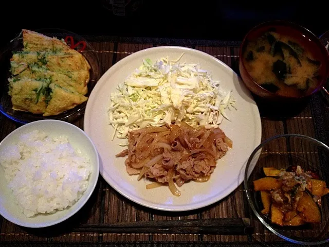 生姜焼き、水菜と人参のチヂミ、カボチャサラダ|はるさん