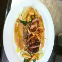 Seared duck w/ farro risitto, orange braised parsnips, bok choy, nectarine sauce.|Emily Meyerさん