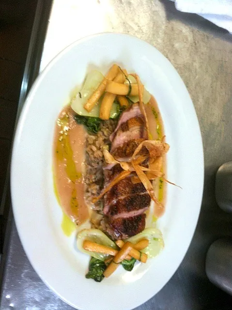 Snapdishの料理写真:Seared duck w/ farro risitto, orange braised parsnips, bok choy, nectarine sauce.|Emily Meyerさん