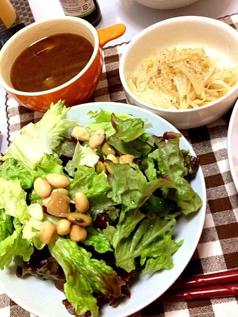 豆サラダ、もやしのナムル、お味噌汁|♡よっしー♡さん