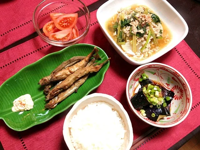 カブの鶏そぼろ餡掛け.ししゃも唐揚げ.揚げ茄子ポン酢|恭子さん