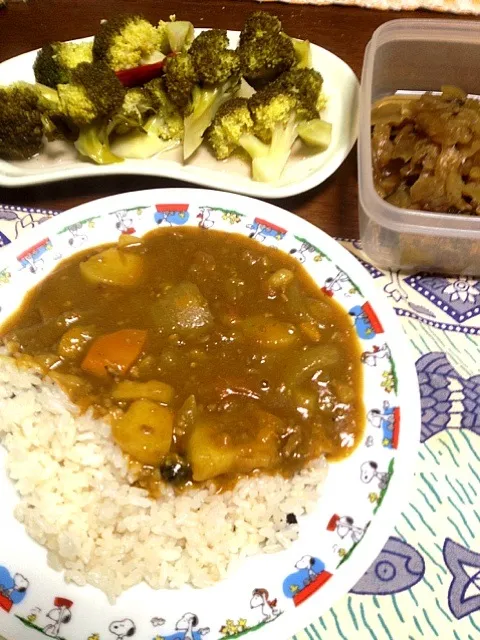 Snapdishの料理写真:キーマカレー じゃがいも 人参 玉葱 薩摩芋 南瓜 ミンチ肉  ブロッコリーのピクルス 福神漬|掛谷節子さん